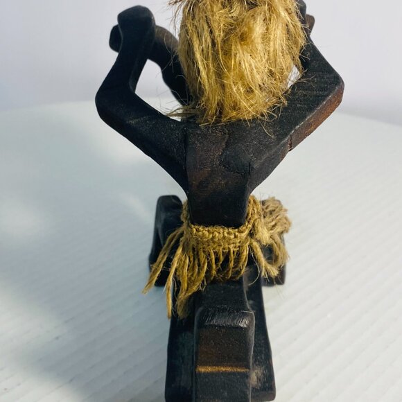 Rare Primitive Java Man on Motorcycle Wooden Carving and Jute Tribal Sculpture - Picture 9 of 17